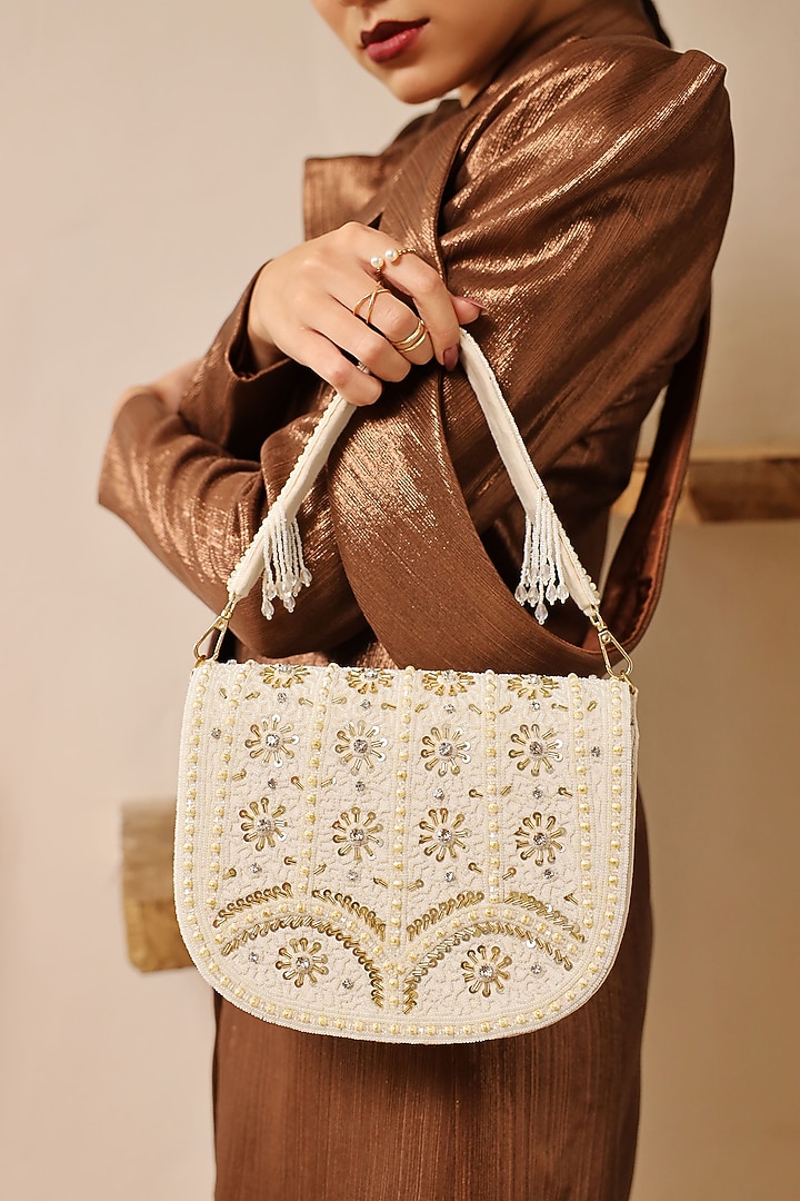 White Suede Handcrafted Structured Bags by THE TAN CLAN at Pernia's Pop Up Shop