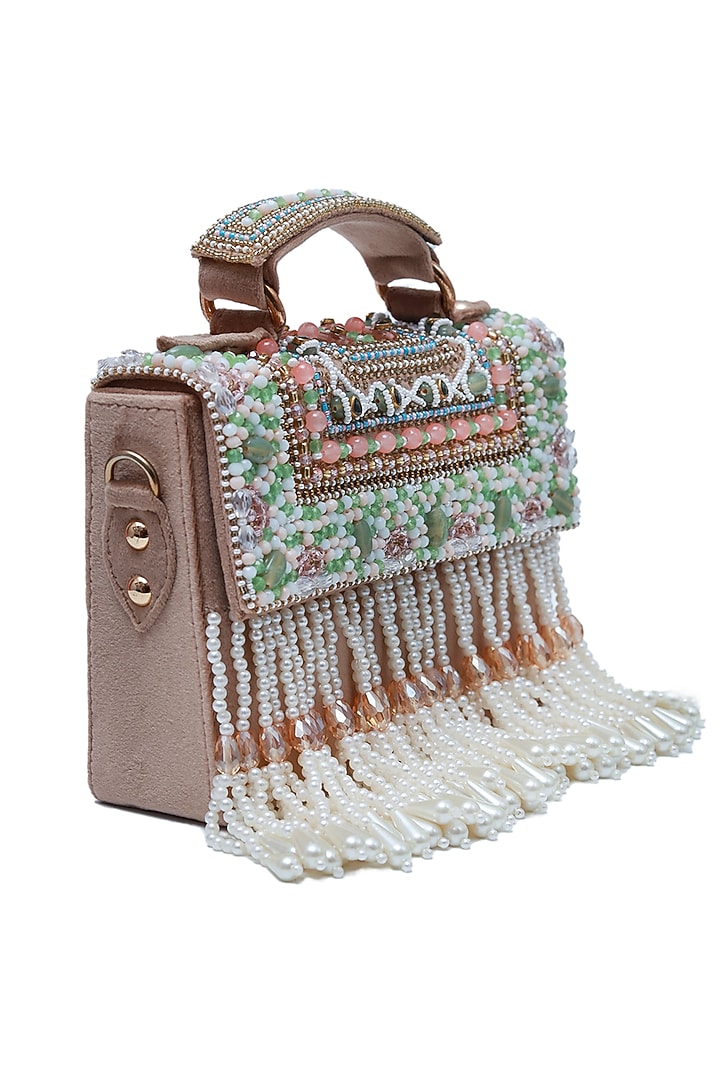 Beige Suede Handcrafted Structured Bags by THE TAN CLAN at Pernia's Pop Up Shop