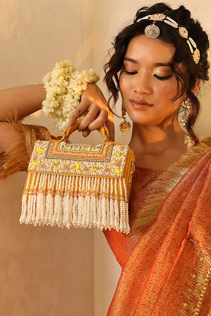 Yellow Suede Handcrafted Structured Bags by THE TAN CLAN at Pernia's Pop Up Shop