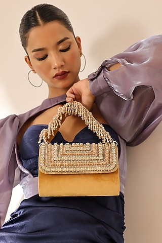 Gold Suede Handcrafted Structured Bags by THE TAN CLAN