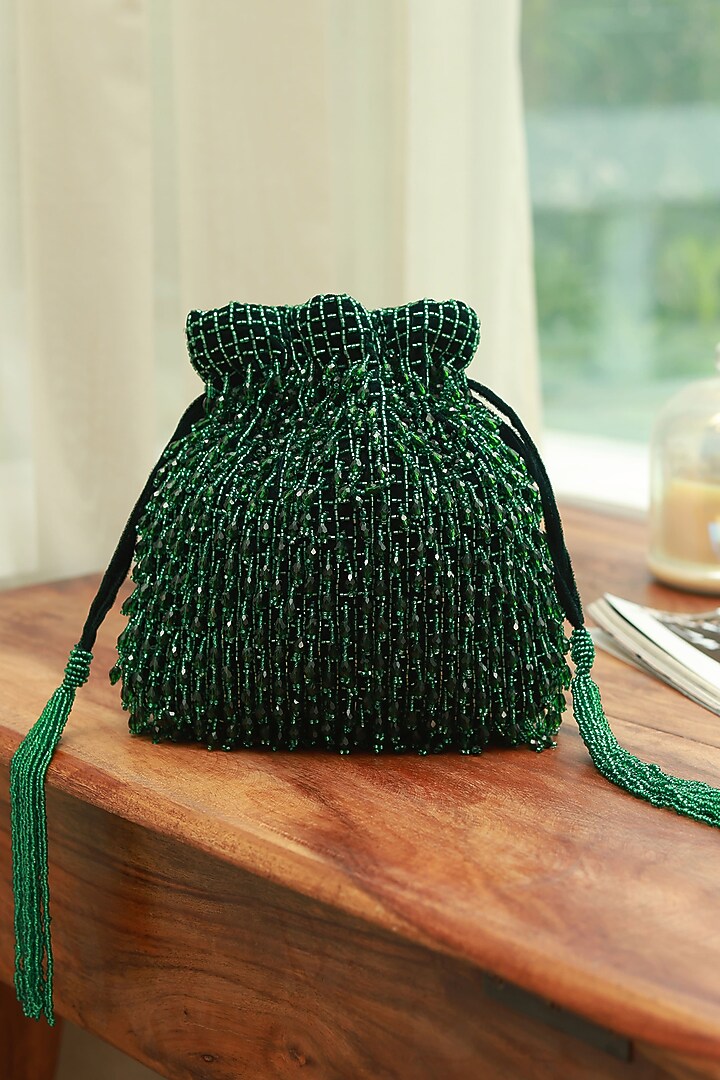 Green Suede Handcrafted Potli by THE TAN CLAN at Pernia's Pop Up Shop