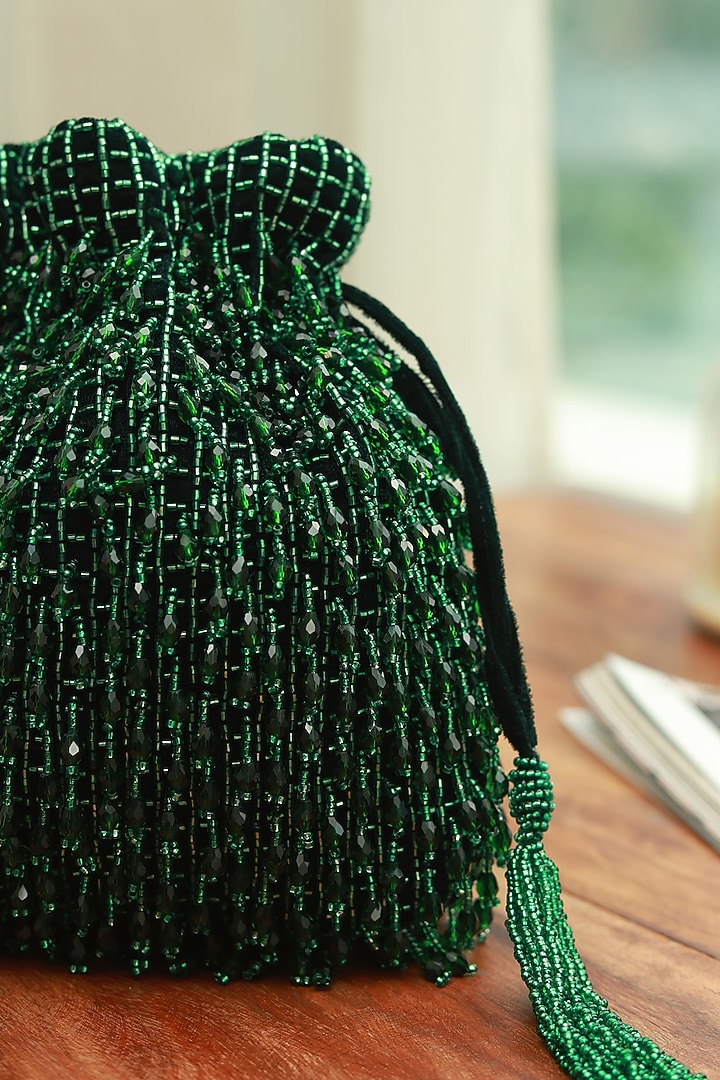 Green Suede Handcrafted Potli by THE TAN CLAN at Pernia's Pop Up Shop