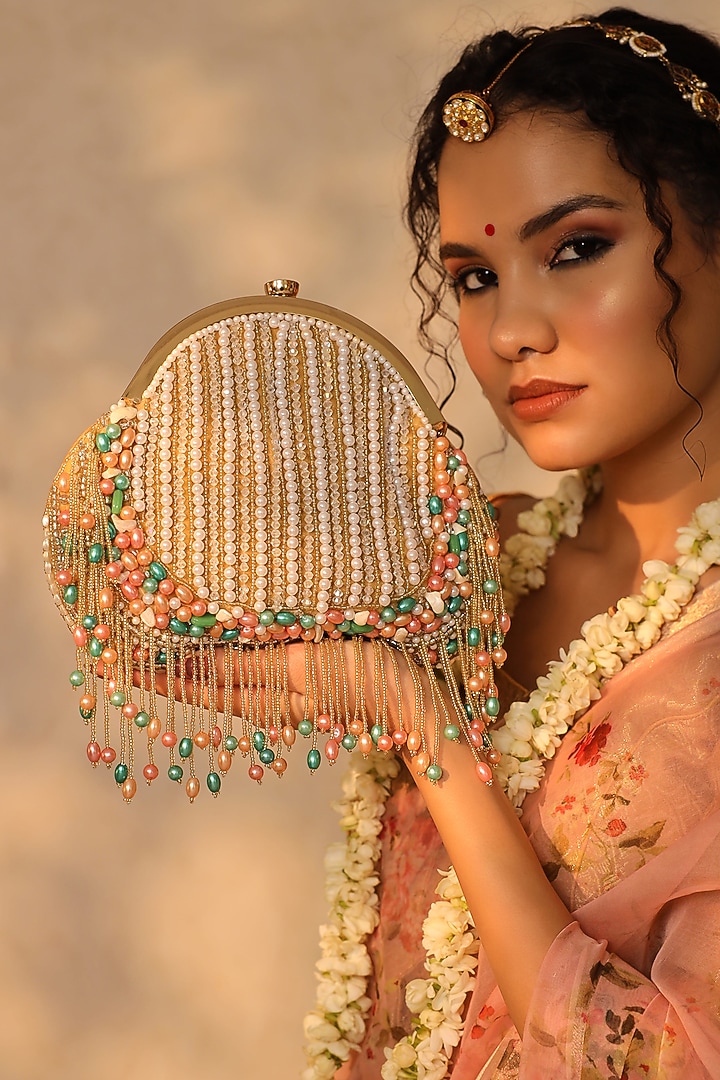 Gold Suede Handcrafted Half Moon Bag by THE TAN CLAN at Pernia's Pop Up Shop