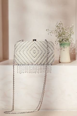 Silver Raw Silk Embroidered Clutch by THE TAN CLAN