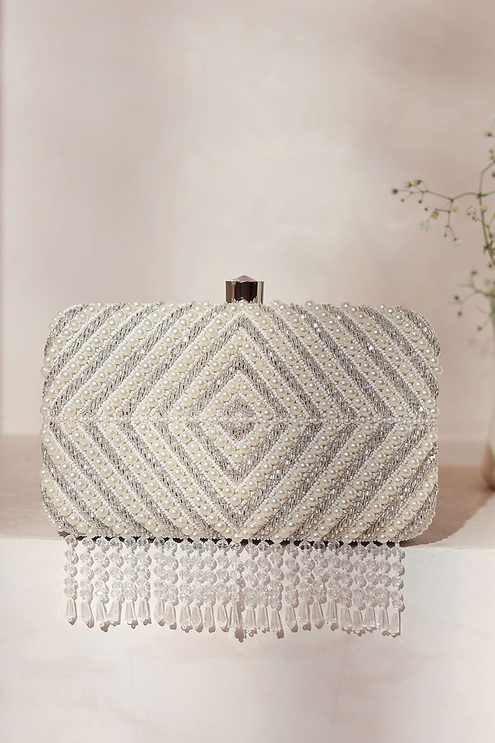 Silver Raw Silk Embroidered Clutch by THE TAN CLAN at Pernia's Pop Up Shop