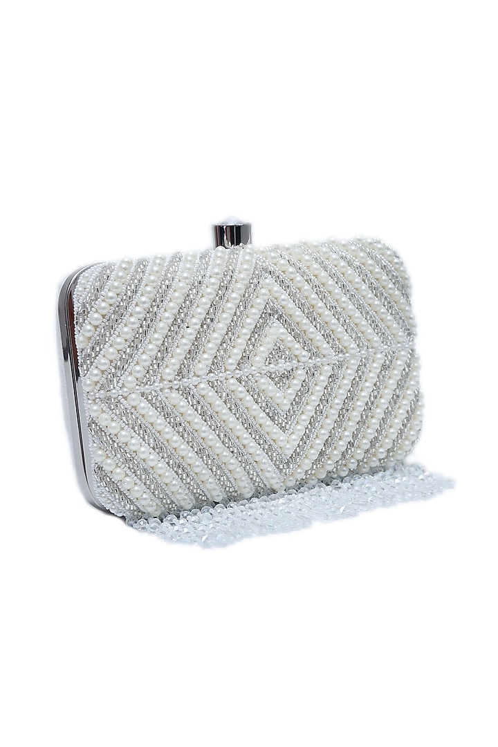 Silver Raw Silk Embroidered Clutch by THE TAN CLAN at Pernia's Pop Up Shop