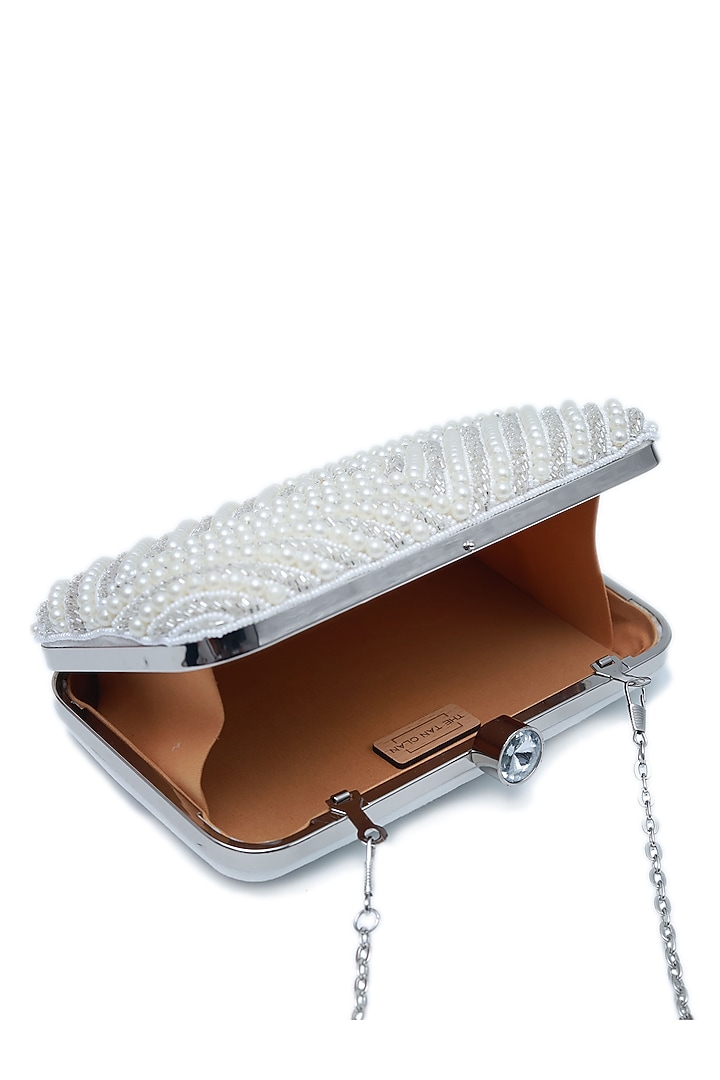 Silver Raw Silk Embroidered Clutch by THE TAN CLAN at Pernia's Pop Up Shop