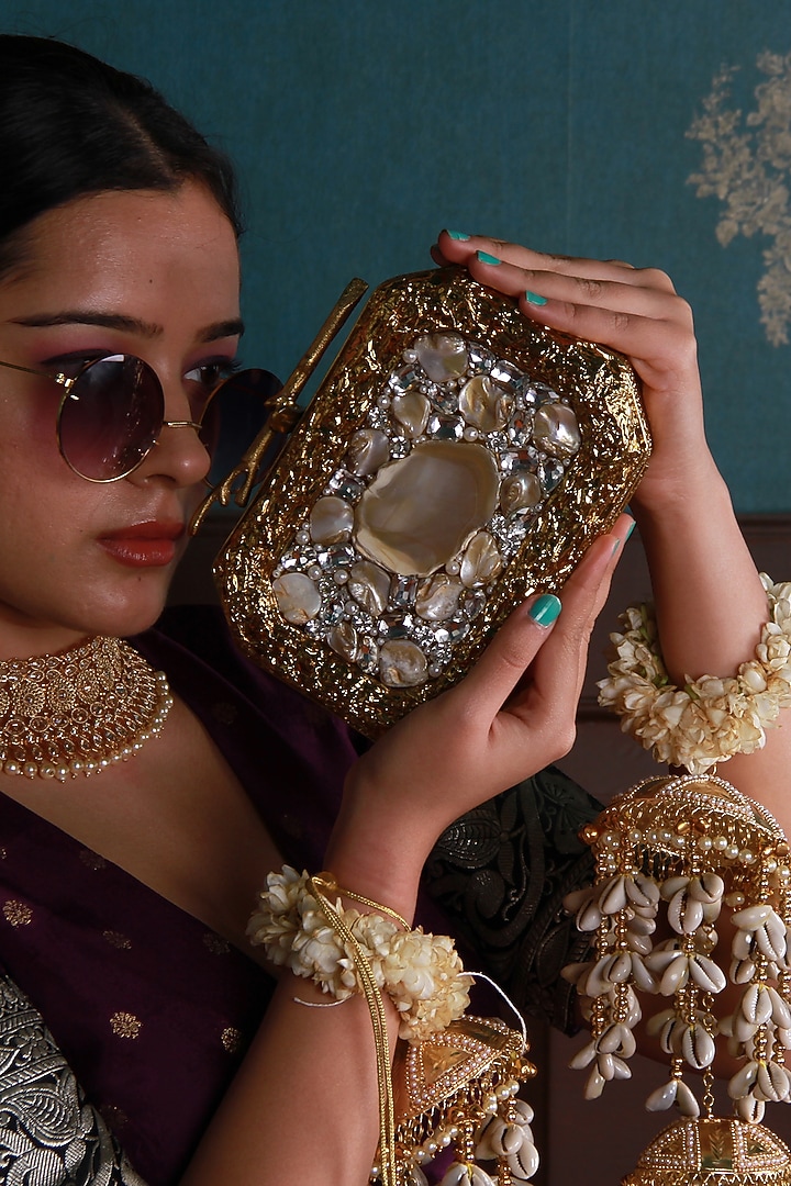 Gold Metal Sequins Embellished Clutch by THE TAN CLAN at Pernia's Pop Up Shop