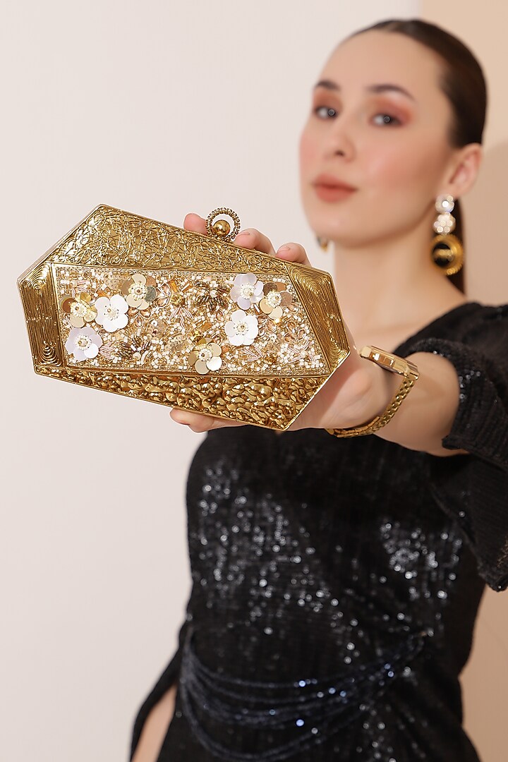 Gold Metal Sequins Embellishments Clutch by THE TAN CLAN at Pernia's Pop Up Shop