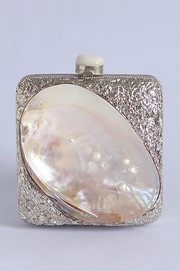 Silver Metal Mother Of Pearl Embellished Clutch by THE TAN CLAN at Pernia's Pop Up Shop