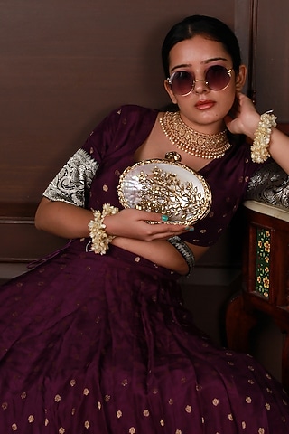 Gold Metal Mother of Pearl & Sequins Embellished Floral Clutch by THE TAN CLAN