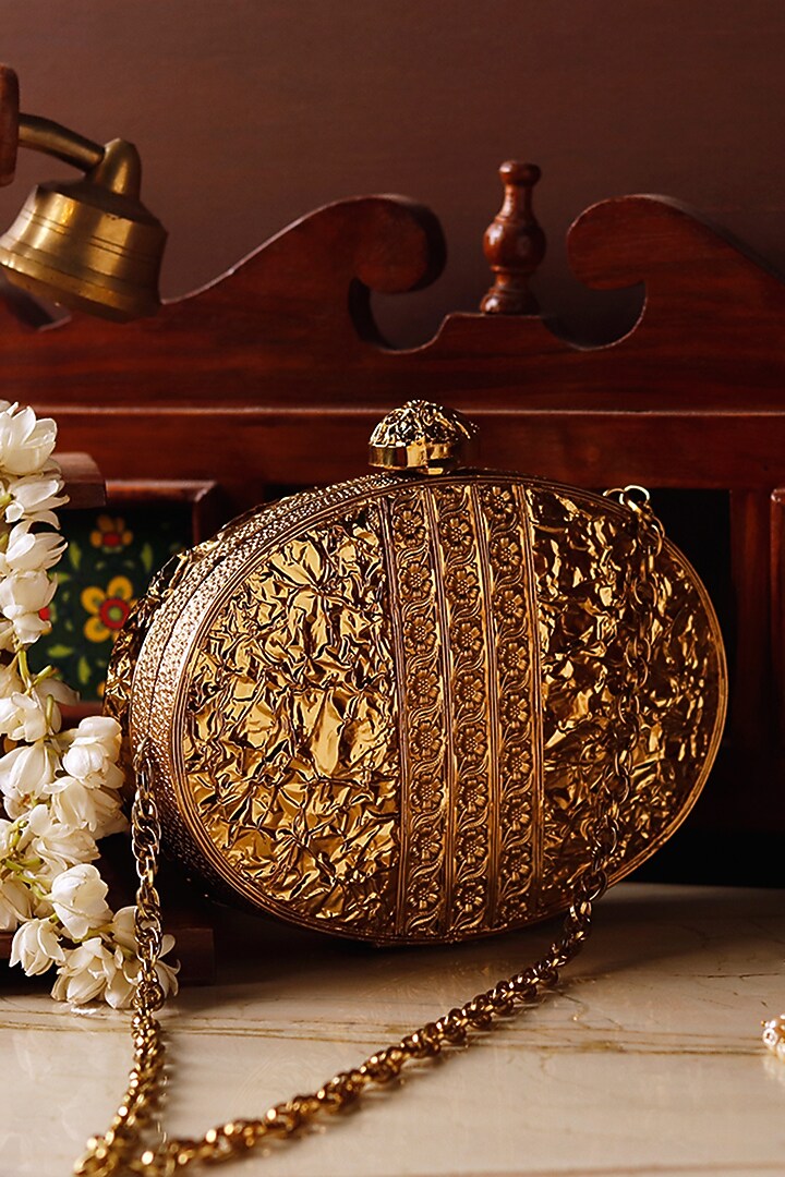 Gold Metal Mother of Pearl & Sequins Embellished Floral Clutch by THE TAN CLAN at Pernia's Pop Up Shop