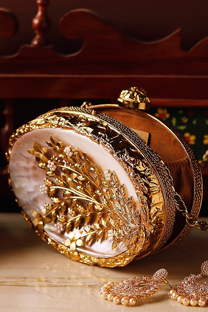 Gold Metal Mother of Pearl & Sequins Embellished Floral Clutch by THE TAN CLAN at Pernia's Pop Up Shop