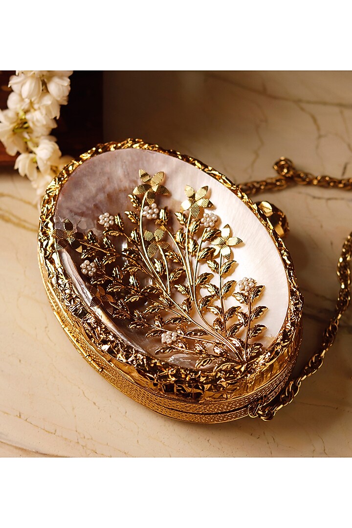 Gold Metal Mother of Pearl & Sequins Embellished Floral Clutch by THE TAN CLAN at Pernia's Pop Up Shop