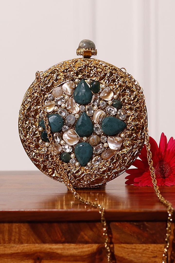 Gold Metal Sequins Embellished Vintage Circular Clutch by THE TAN CLAN at Pernia's Pop Up Shop