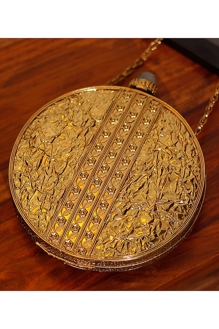Gold Metal Sequins Embellished Vintage Circular Clutch by THE TAN CLAN at Pernia's Pop Up Shop