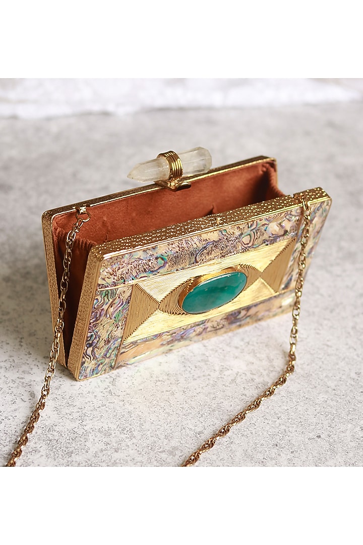 Gold Metal Mother Of Pearl & Sequins Embellished Clutch by THE TAN CLAN at Pernia's Pop Up Shop