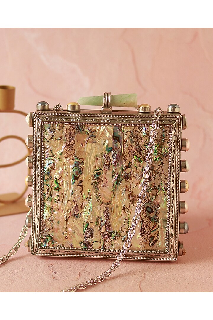 Gold Metal Mother Of Pearl & Sequins Embellished Clutch by THE TAN CLAN at Pernia's Pop Up Shop