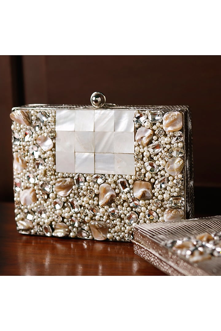 Silver Metal Mother Of Pearl & Sequins Embellished Clutch by THE TAN CLAN at Pernia's Pop Up Shop