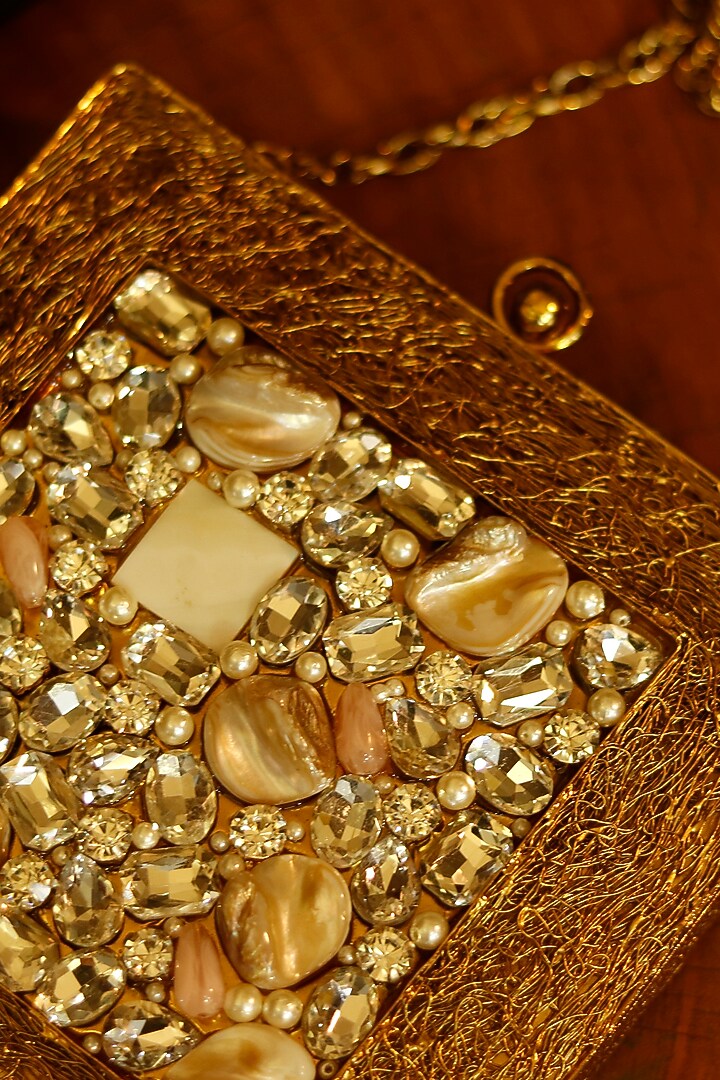 Antique Gold Metal Mother Of Pearl & Sequins Embellished Clutch by THE TAN CLAN at Pernia's Pop Up Shop