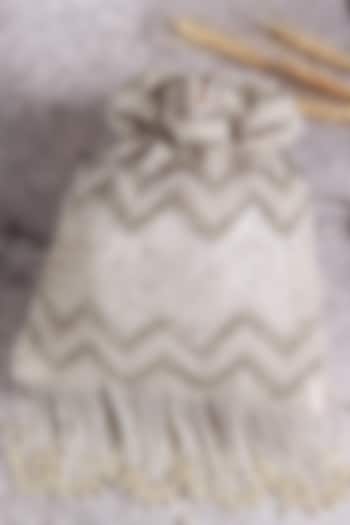 White Raw Silk Hand Embroidered Potli by THE TAN CLAN at Pernia's Pop Up Shop