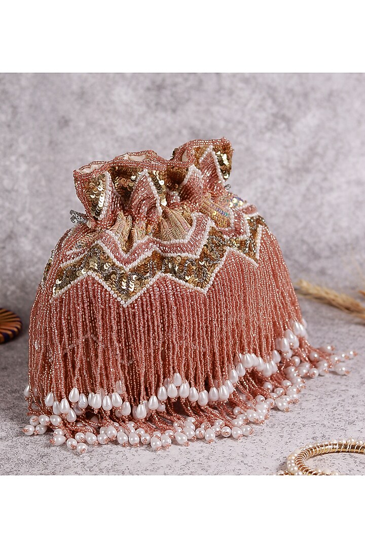 Champagne Velvet Hand Embroidered Potli by THE TAN CLAN at Pernia's Pop Up Shop