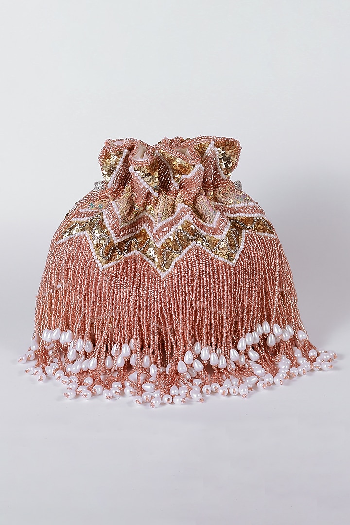 Champagne Velvet Hand Embroidered Potli by THE TAN CLAN at Pernia's Pop Up Shop