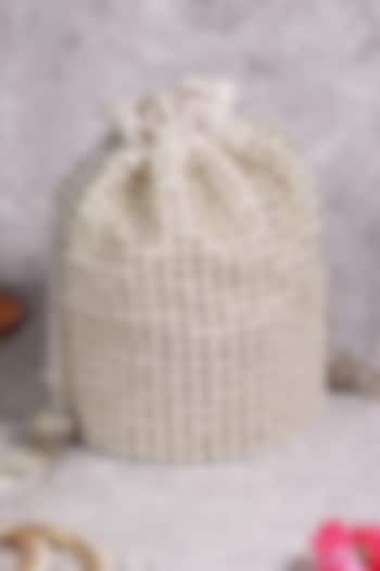 White Raw Silk Hand Embroidered Potli by THE TAN CLAN at Pernia's Pop Up Shop
