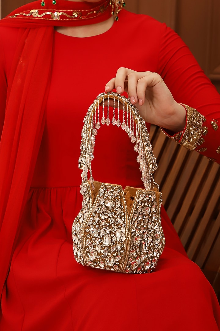 Gold Velvet Hand Embroidered Potli by THE TAN CLAN at Pernia's Pop Up Shop