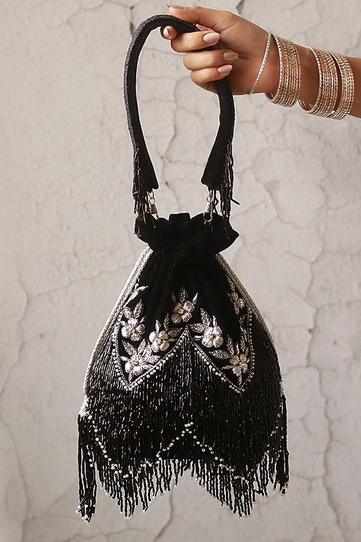 Black Velvet Hand Embroidered Potli by THE TAN CLAN