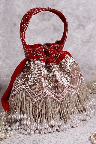 Red Velvet Hand Embroidered Potli by THE TAN CLAN
