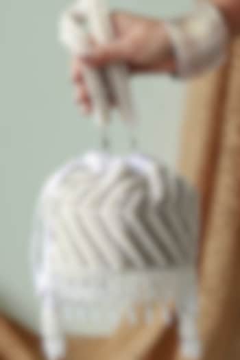 White Raw Silk Glass Beads Hanging Hand Embroidered Mini Potli by THE TAN CLAN at Pernia's Pop Up Shop