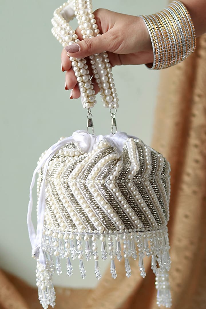 White Raw Silk Glass Beads Hanging Hand Embroidered Mini Potli by THE TAN CLAN at Pernia's Pop Up Shop