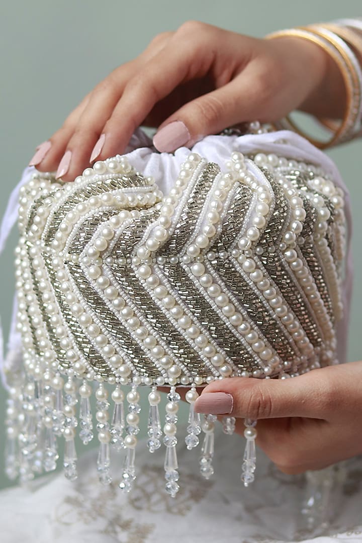 White Raw Silk Glass Beads Hanging Hand Embroidered Mini Potli by THE TAN CLAN at Pernia's Pop Up Shop