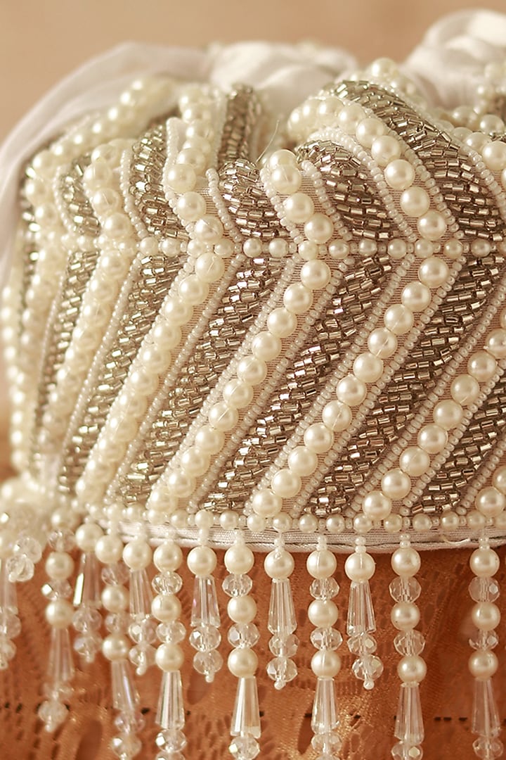 White Raw Silk Glass Beads Hanging Hand Embroidered Mini Potli by THE TAN CLAN at Pernia's Pop Up Shop