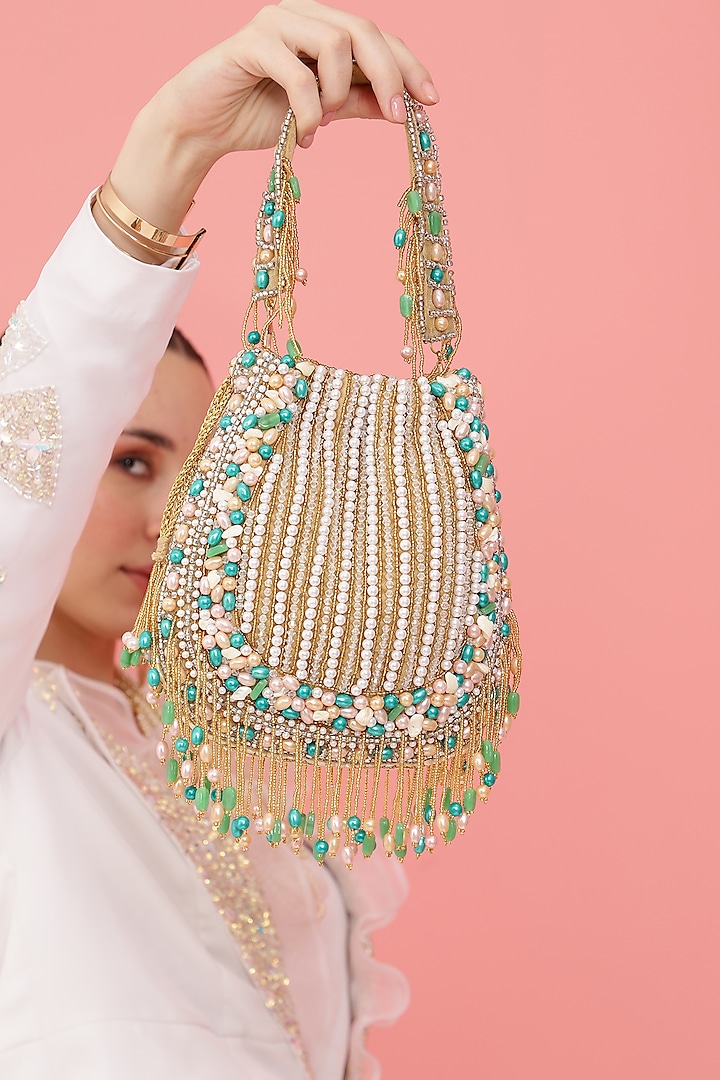 Gold Velvet Hand Embroidered Potli by THE TAN CLAN at Pernia's Pop Up Shop