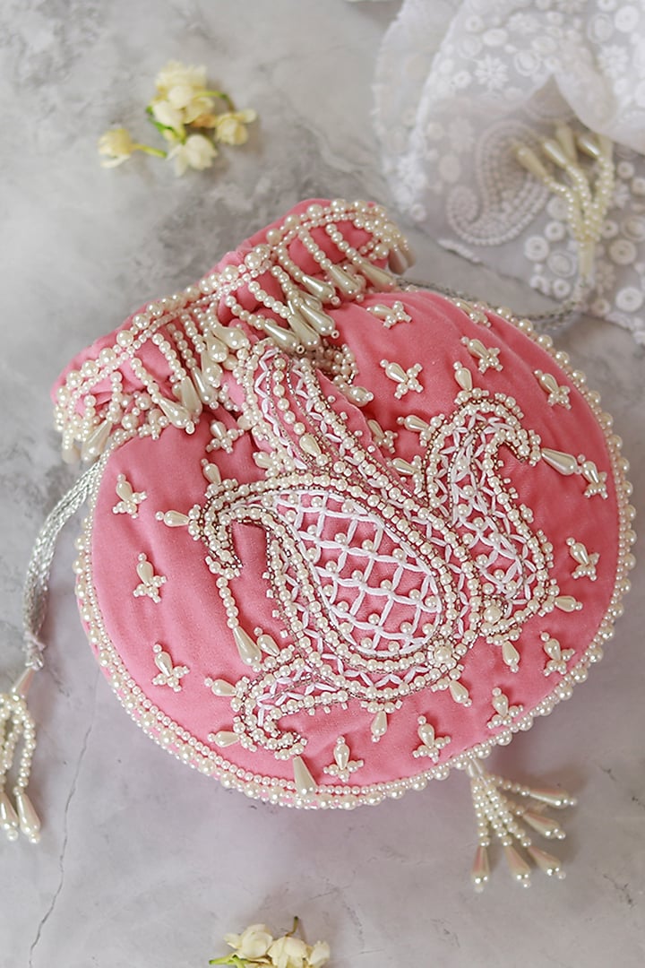 Pink Velvet Hand Embroidered Potli by THE TAN CLAN at Pernia's Pop Up Shop