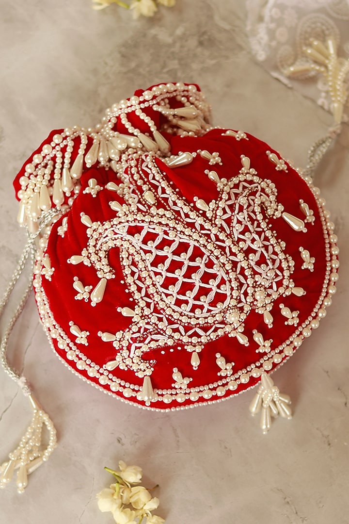 Red Velvet Hand Embroidered Potli by THE TAN CLAN at Pernia's Pop Up Shop