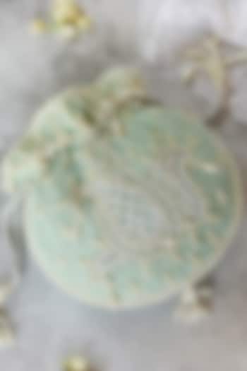 Ice Blue Velvet Hand Embroidered Potli by THE TAN CLAN at Pernia's Pop Up Shop