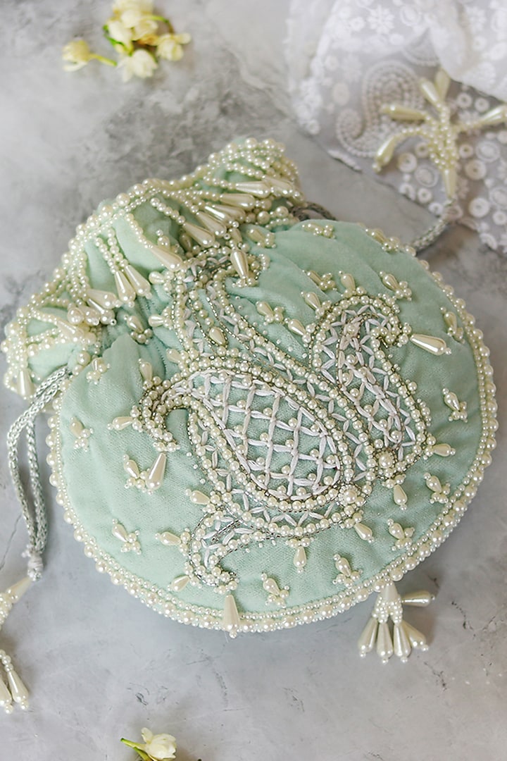 Ice Blue Velvet Hand Embroidered Potli by THE TAN CLAN at Pernia's Pop Up Shop