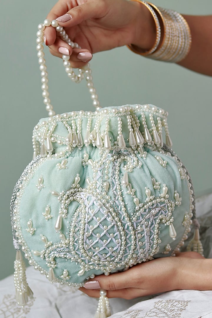 Ice Blue Velvet Hand Embroidered Potli by THE TAN CLAN at Pernia's Pop Up Shop