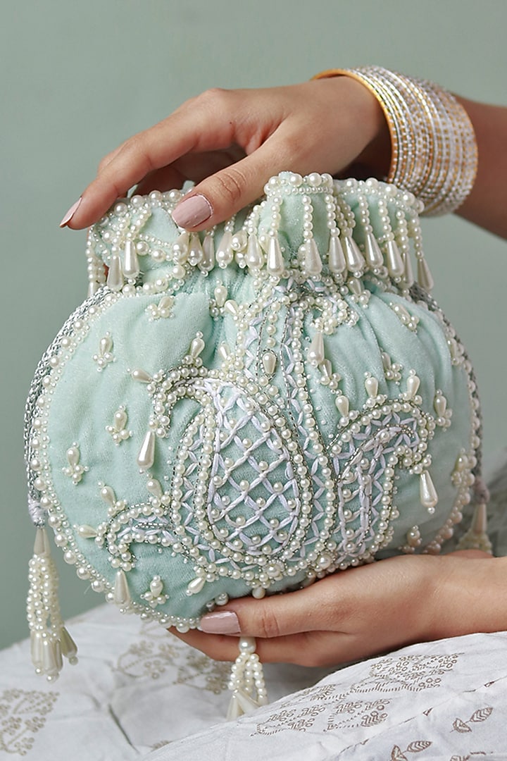 Ice Blue Velvet Hand Embroidered Potli by THE TAN CLAN at Pernia's Pop Up Shop