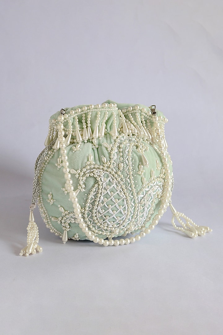 Ice Blue Velvet Hand Embroidered Potli by THE TAN CLAN at Pernia's Pop Up Shop