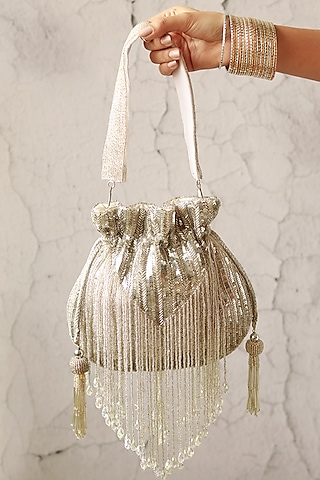 Silver Silk Tassels & Sequins Hand Embroidered Potli by THE TAN CLAN