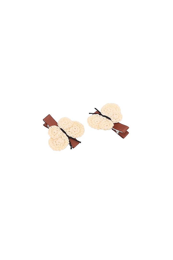Cream Hand Crochet Alligator Clips (Set of 2) For Girls by This and That by Vedika