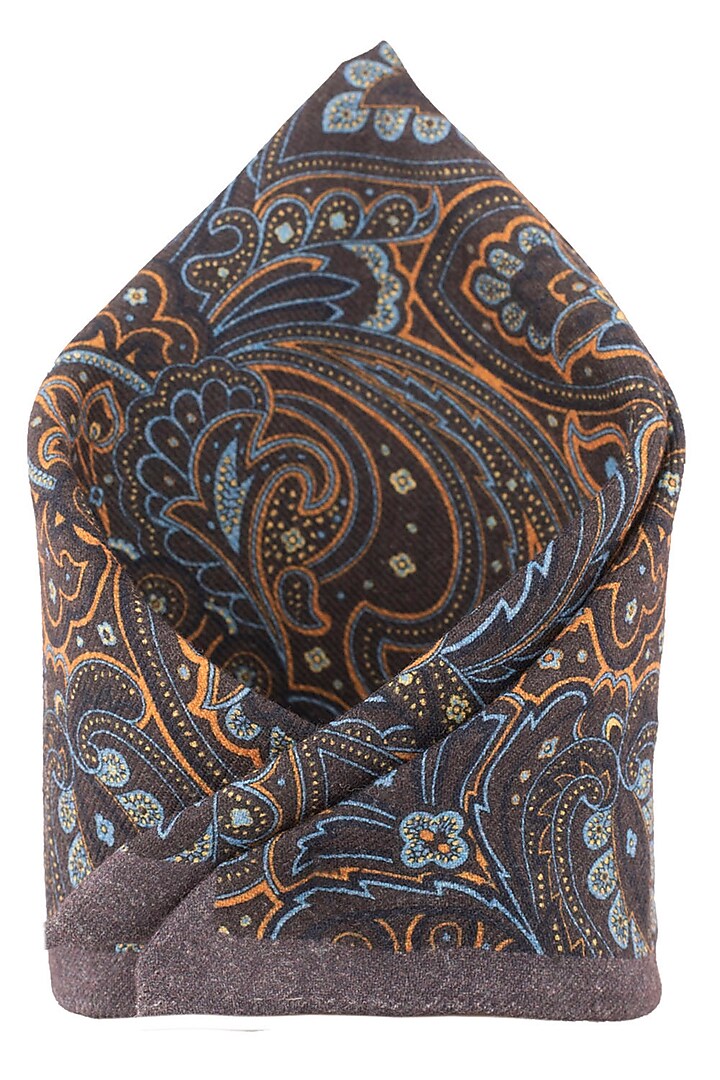 Brown Hand Stitched Wool Pocket Square by THE TIE HUB at Pernia's Pop Up Shop