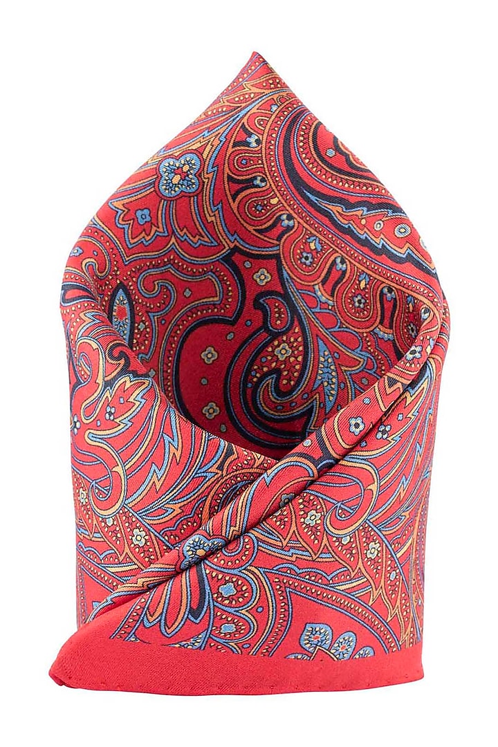 Red Silk Printed Pocket Square by THE TIE HUB at Pernia's Pop Up Shop