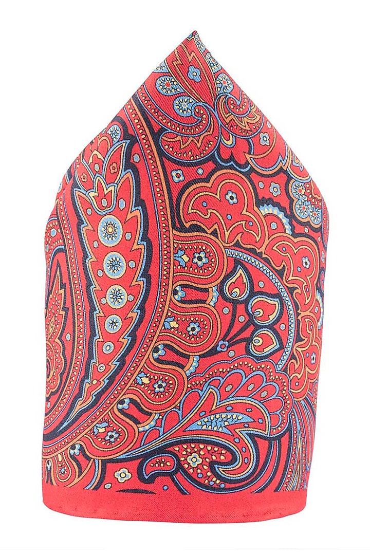 Red Silk Printed Pocket Square by THE TIE HUB at Pernia's Pop Up Shop