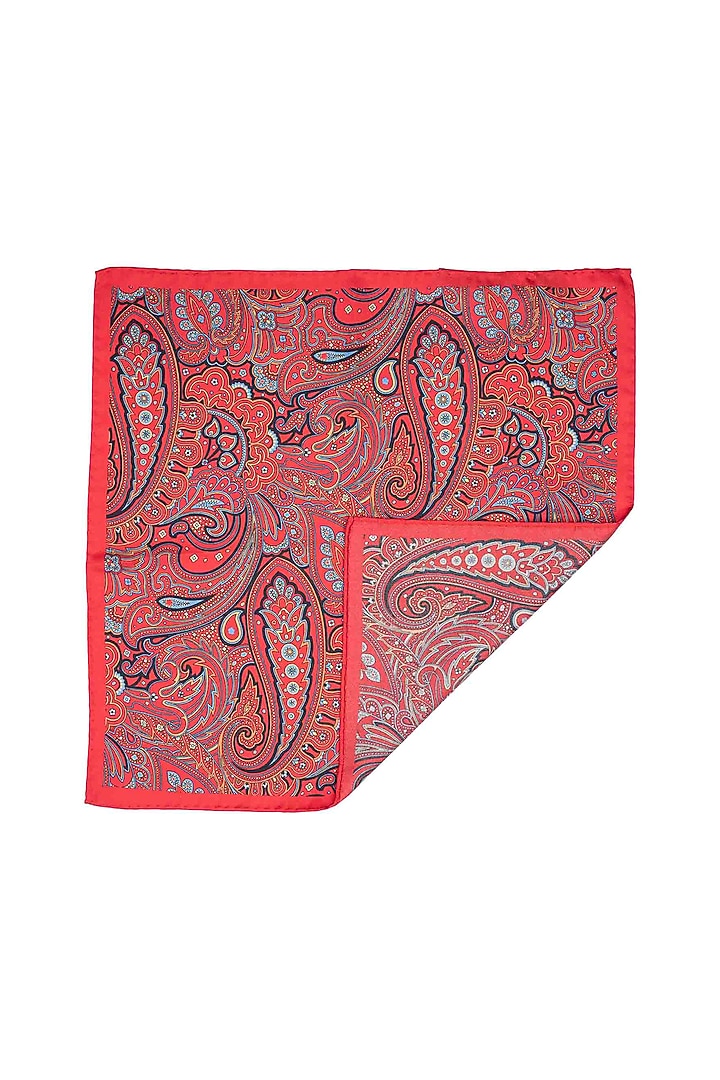 Red Silk Printed Pocket Square by THE TIE HUB at Pernia's Pop Up Shop