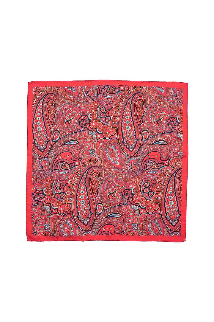 Red Silk Printed Pocket Square by THE TIE HUB at Pernia's Pop Up Shop